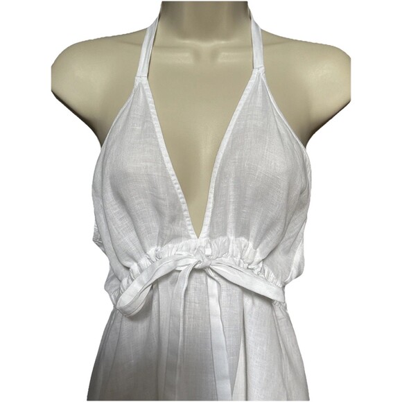 Diane Von Furstenberg  Size Large Y2K White 100% Linen Embroidered Halter Dress - Picture 9 of 14